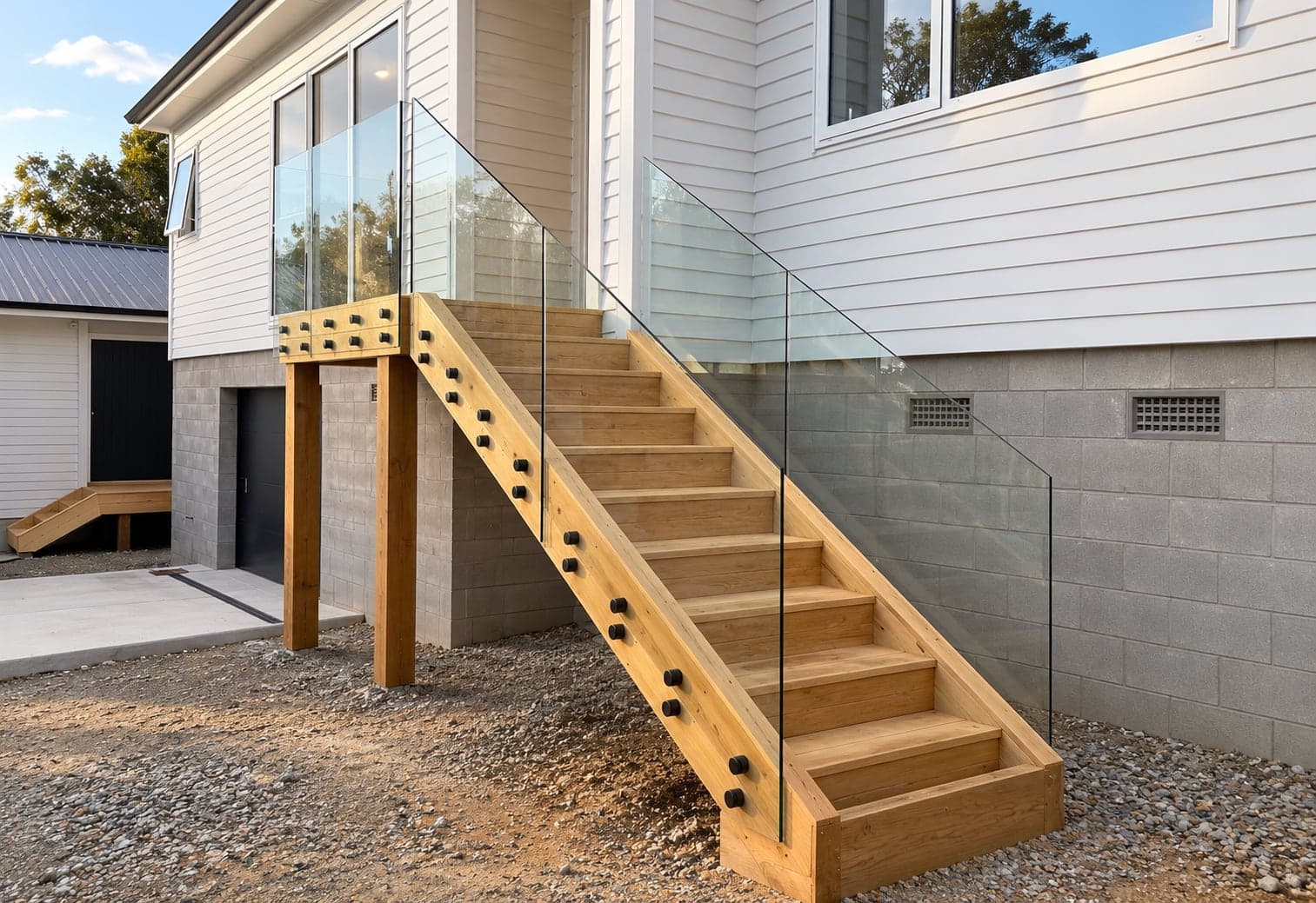 Outdoor timber stairs with glass panels secured by black standoffs