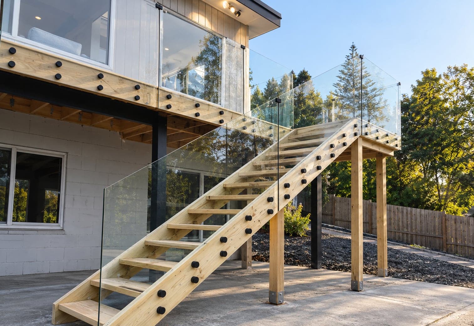 Outdoor timber staircase with glass balustrade and black standoffs