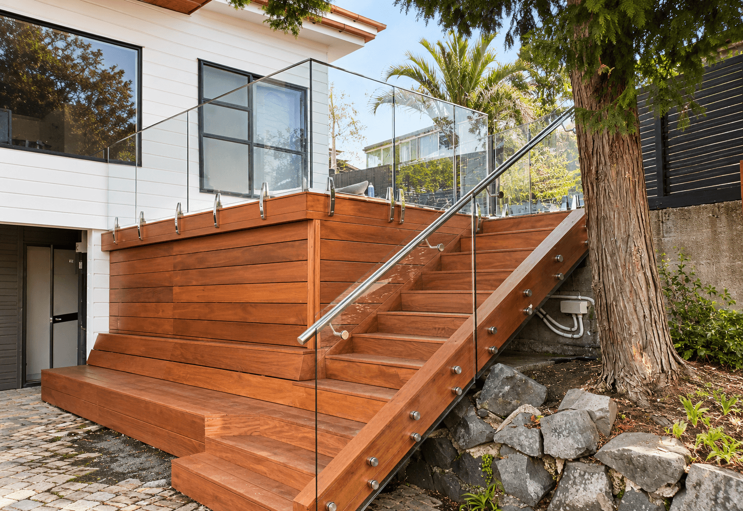 Outdoor timber stairs with glass panels, silver standoffs, and silver handrails