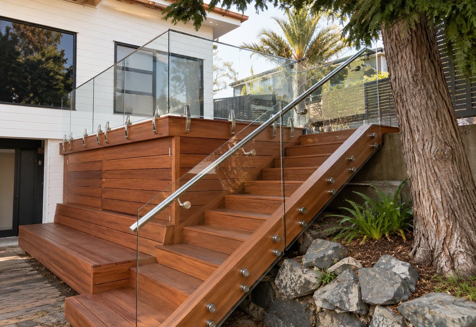 Silver handrail on an outdoor timber staircase with glass panels