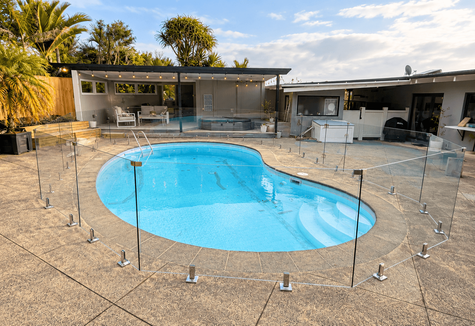 Glass pool fence with silver spigots around a curved swimming pool