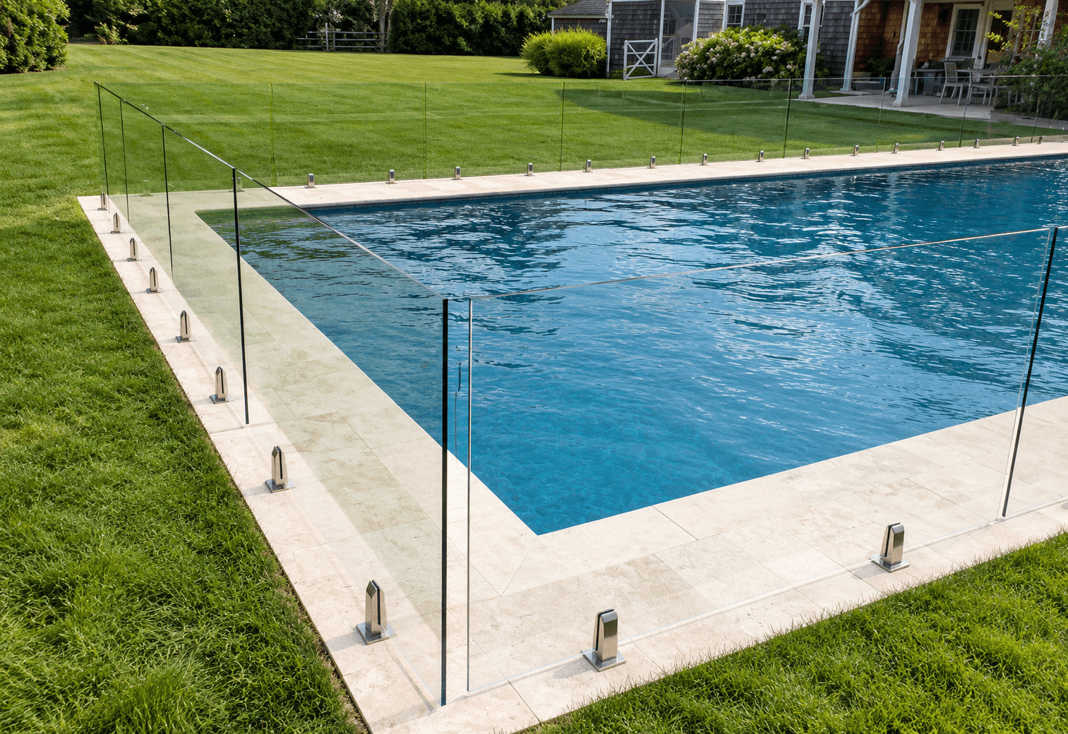 Frameless glass pool fence with silver spigots beside a swimming pool