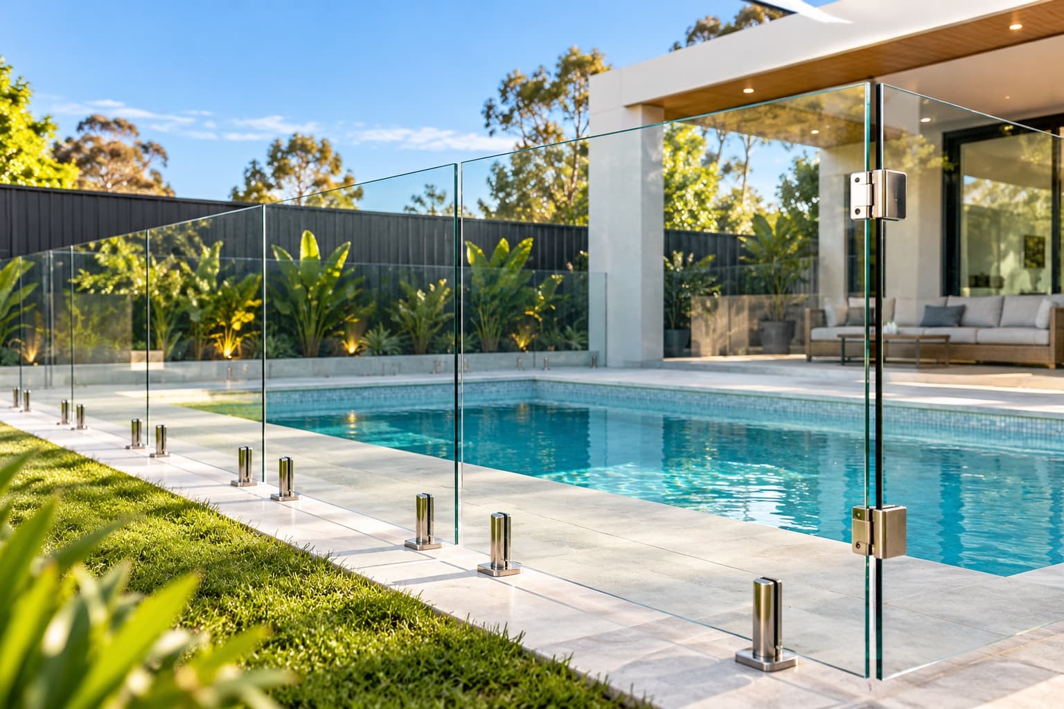 Glass pool fencing around a swimming pool